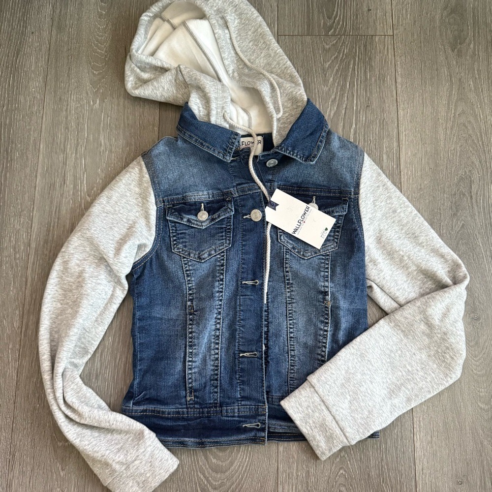 WallFlower Dreamer Fit Denim Hooded Jacket Blue Grey Mixed Media XS NWT